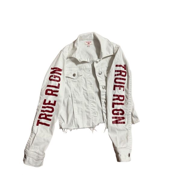 True Religion Fashion trucker with Red Logo on Sleeves Sz XS White Jean Jacket - Picture 7 of 11